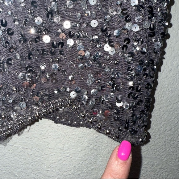 Adrianna Papell 18W Plus Gunmetal Sequin Sheath Midi Dress scalloped edges - Picture 7 of 16